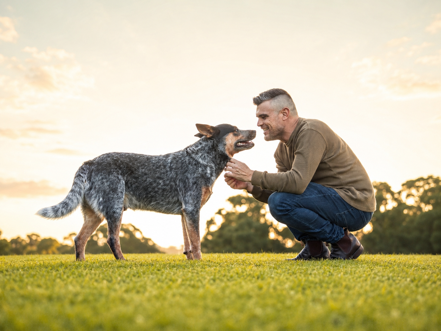 Gordon Wilson crouching in a park at sunset with Bluey, the blue heeler behind Bluey Home Loans